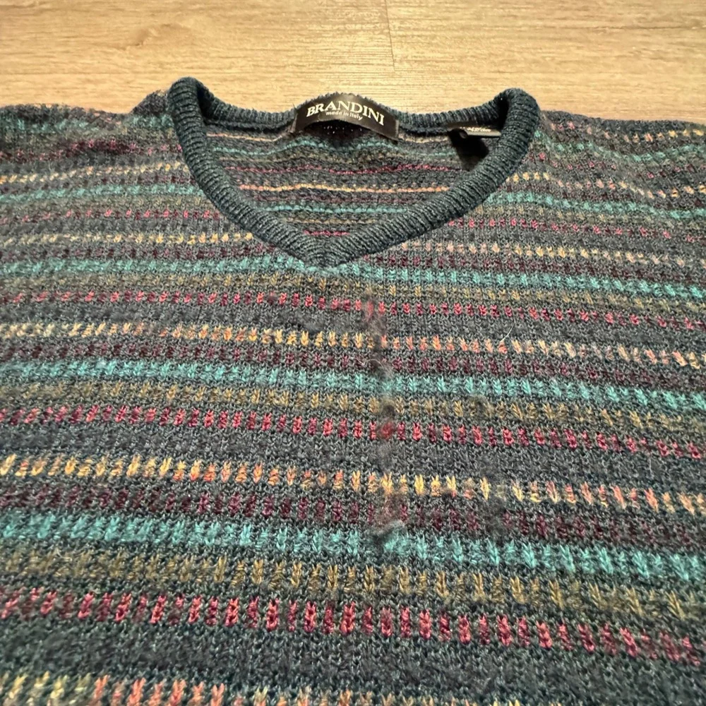 Brandini Sweater Mens XL Striped Wool Blend Made in Italy V Neck Retro Knit VTG